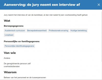 Afbeelding waarop de persoonsgegevens vermeld staan die verwerkt worden tijden een jobinterview afgenomen bij de FOD Beleid en Ondersteuning